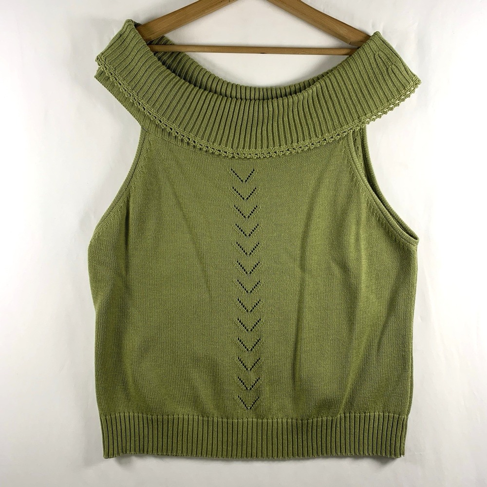 VTG Womens Y2K Off Shoulder Halter Knit Top XL Earthy Indie Boho Crochet Trim